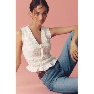 PAIGE White Smocked Sleeveless Cropped Top